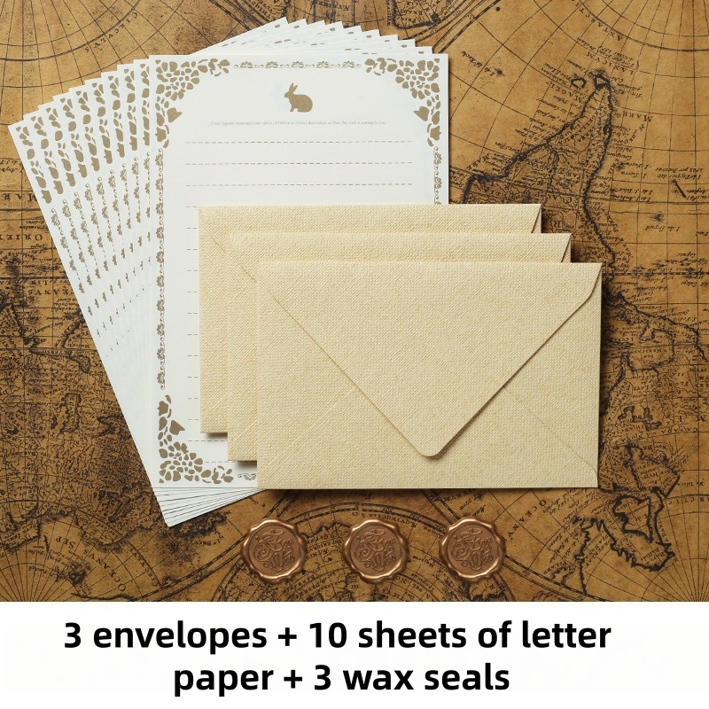 Vintage Collectible Stamps - 16 ชิ้น/ชุด ซองจดหมายผ้าลินินวินเทจ ชุดการ์ดเชิญงานแต่งงานสุดหรู กระดาษเขียนจดหมายสไตล์เรโทร พร้อมตราประทับขี้ผึ้ง