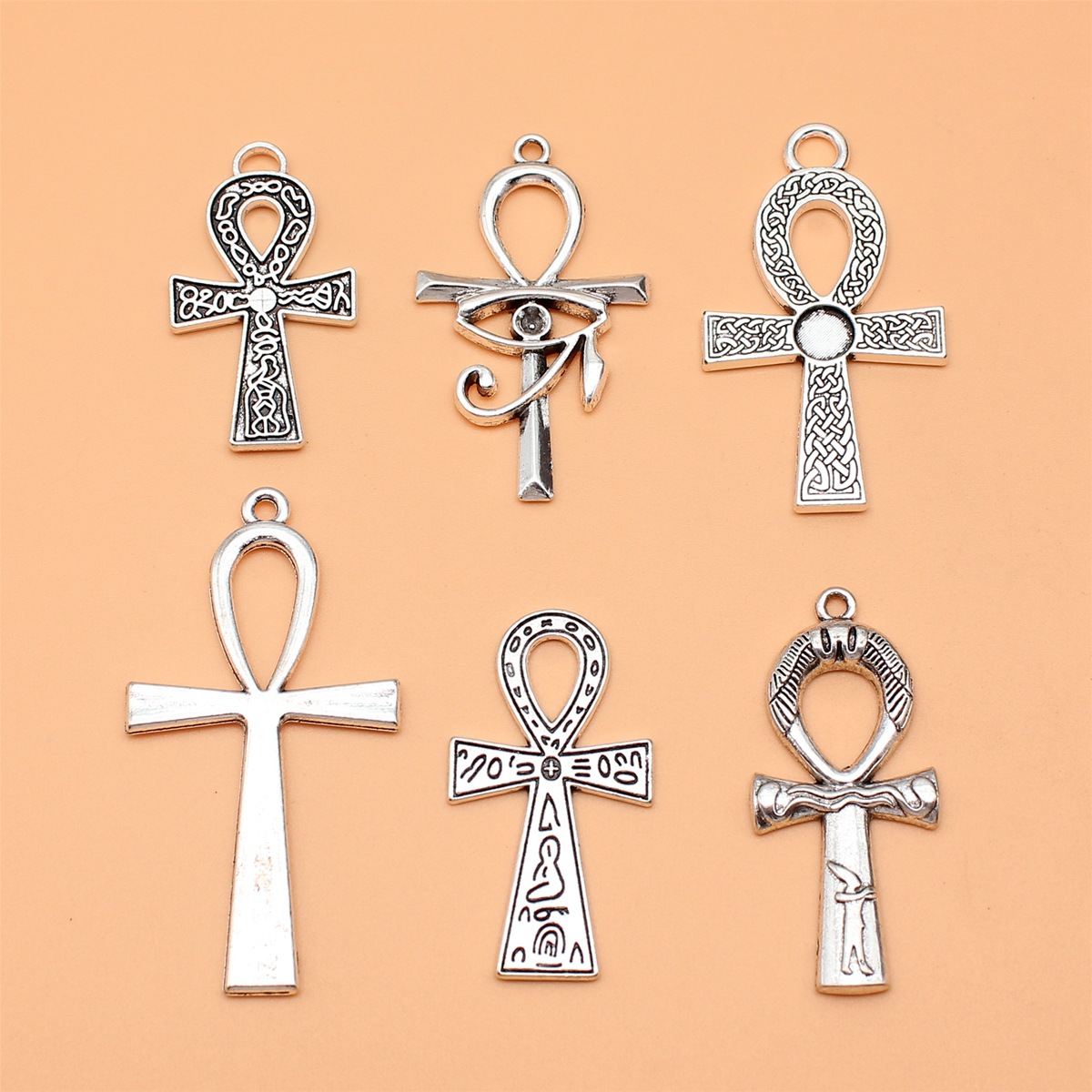 Vintage Collectible Jewelry - 6ชิ้นกุญแจสีเงินโบราณของชีวิตคอลเลกชันข้ามเสน่ห์สำหรับการทำเครื่องประดับ DIY, 6รูปแบบ, 1ของแต่ละ
