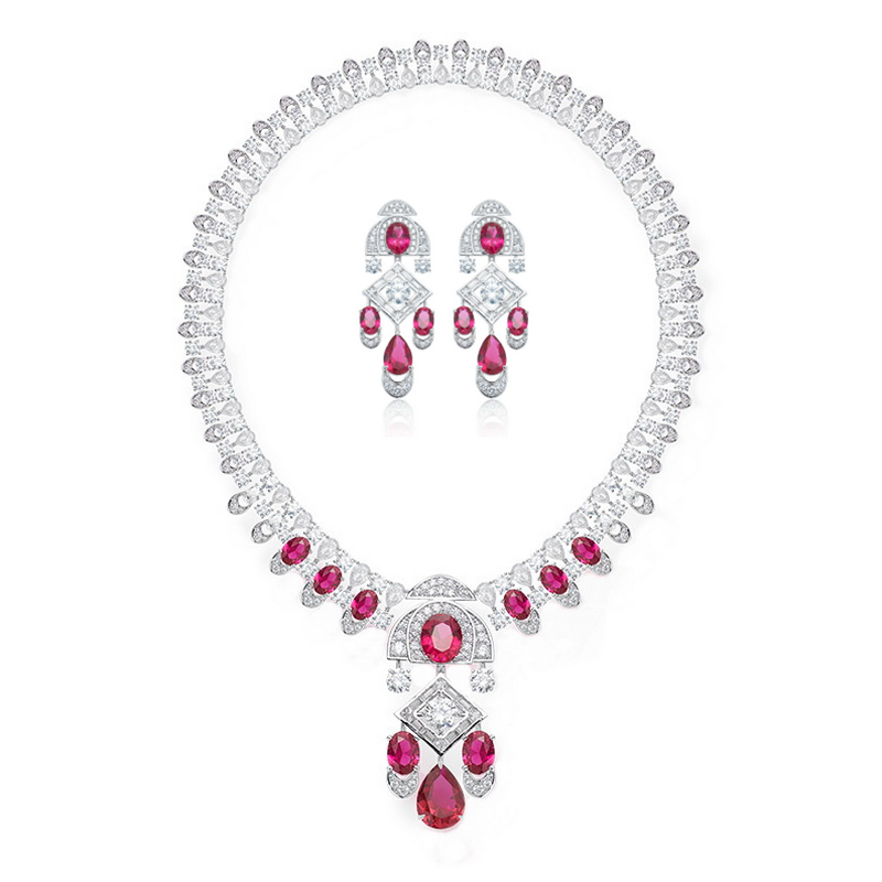 Vintage Collectible Jewelry - ดีไซเนอร์คอลเลกชันสไตล์สร้อยคอต่างหูผู้หญิงเลดี้ฝังคิวบิกเซอร์โคเนียสังเคราะห์ทับทิมพู่จี้ชุดเครื่องประดับ