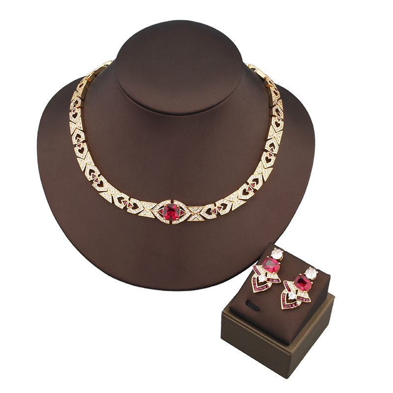 Vintage Collectible Jewelry - คอลเลกชันสร้อยคอต่างหูเม็ดกลมสไตล์ดีไซเนอร์สำหรับผู้หญิงฝังเพทายลูกบาศก์สีแดงสำหรับผู้หญิงชุดเครื่องประดับโชคเกอร์สีทอง