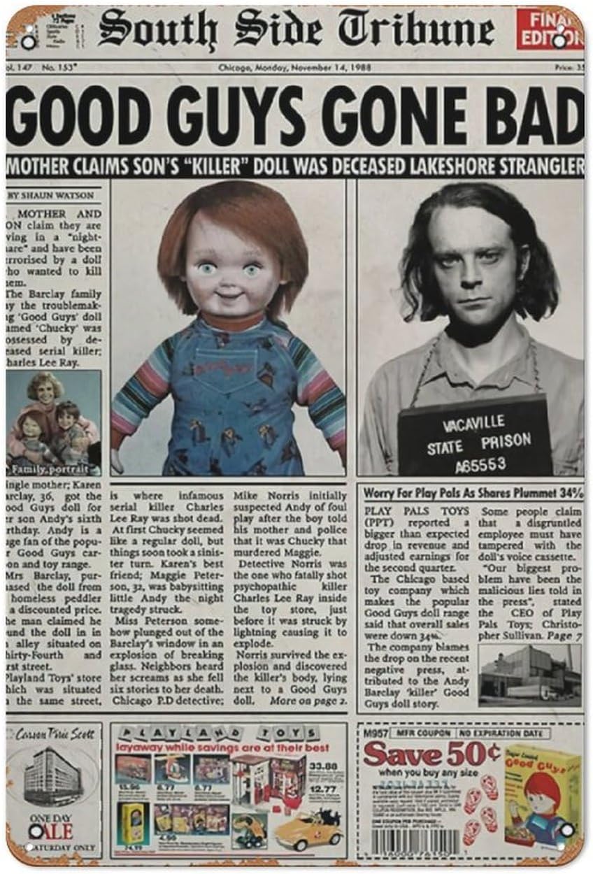 Collectible Vintage Newspapers - เด็กเล่น 1988 หนังสือพิมพ์โปสเตอร์พิมพ์ Chucky คอลเลกชันป้ายโลหะดีบุก Vintage