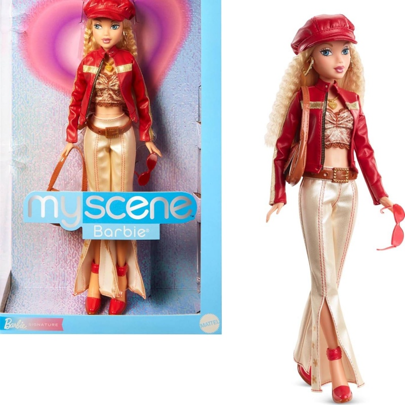 Vintage Collectible Barbie Dolls - ชุดตุ๊กตาแฟชั่นวินเทจสะสม พร้อมส่ง เสื้อแจ็คเก็ตหนังเทียมสีแดงพร้อมเข็มขัด จับคู่กับกางเกงสีเบจ สำหรับแฟนๆ ของขวัญ